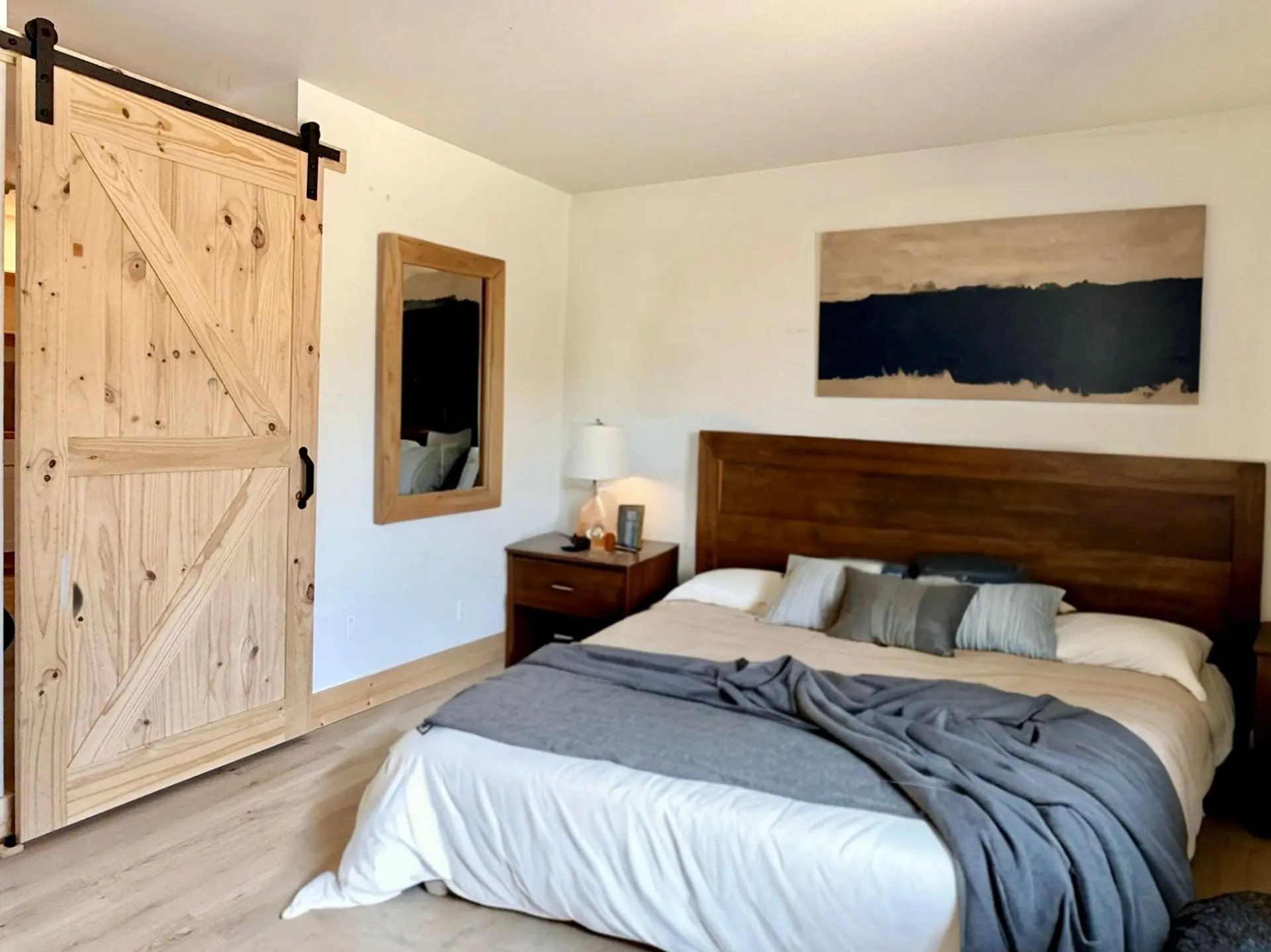 Cozy bedroom with barn door